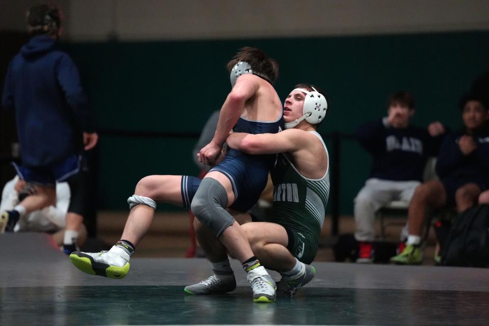 Blair Academy wrestling at Delbarton on Friday, February 2, 2023. Tyler Vazquez (Delbarton) on his way to defeating Will Dekraker (Blair) in their 138 pound match. 