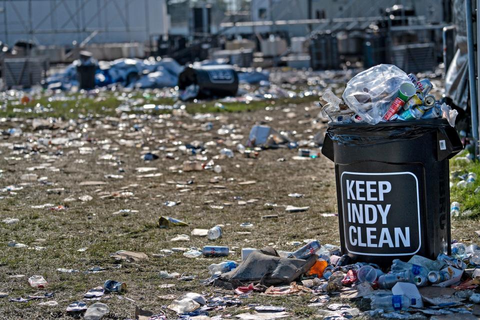 An abundance of trash is seen in the Snake Pit, Monday, May 30, 2022 at the Indianapolis Motor Speedway, the day after the Indianapolis 500. Volunteers joined other cleaning up the mountain of trash.