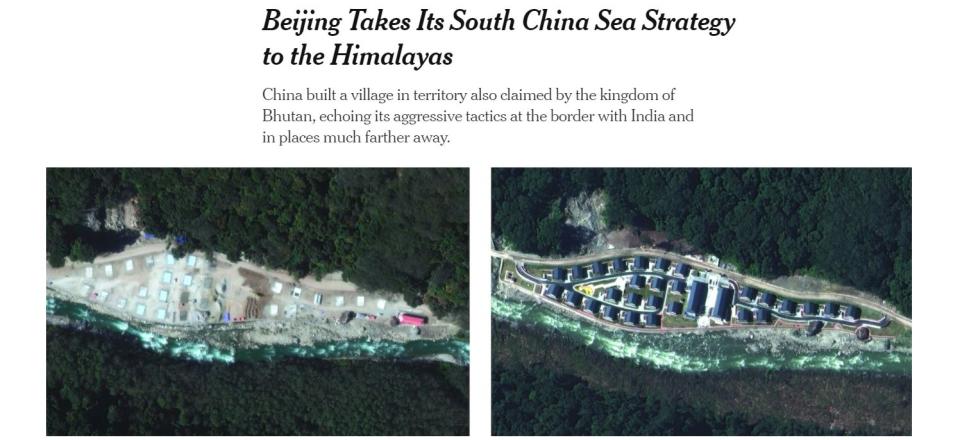 中國在喜馬拉雅山爭議地區建造了新村莊，外媒分析其有軍事意義。（圖片來源／截自《紐時》官網）
