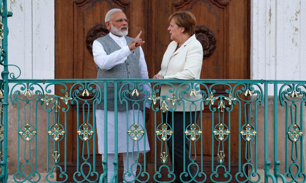 The German chancellor, Angela Merkel, welcomes the Indian prime minister, Narendra Modi, 0n his visit to Germany.