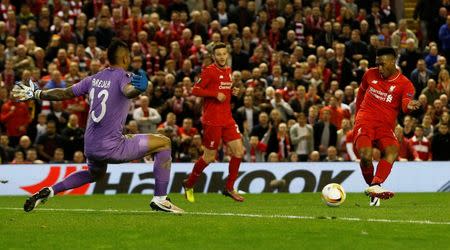 Britain Football Soccer - Liverpool v Villarreal - UEFA Europa League Semi Final Second Leg - Anfield, Liverpool, England - 5/5/16. Daniel Sturridge scores the second goal for Liverpool. Action Images via Reuters / Lee Smith