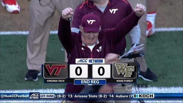 Frank Beamer celebrates as the game heads to overtime. 