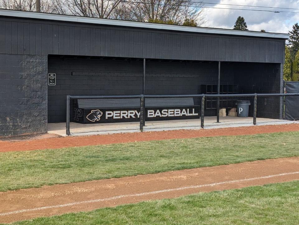 A view of the Perry High School baseball bench, which Panther sophomore Bryan Witmer helped build at the school's baseball field as part of his Eagle Scout project.