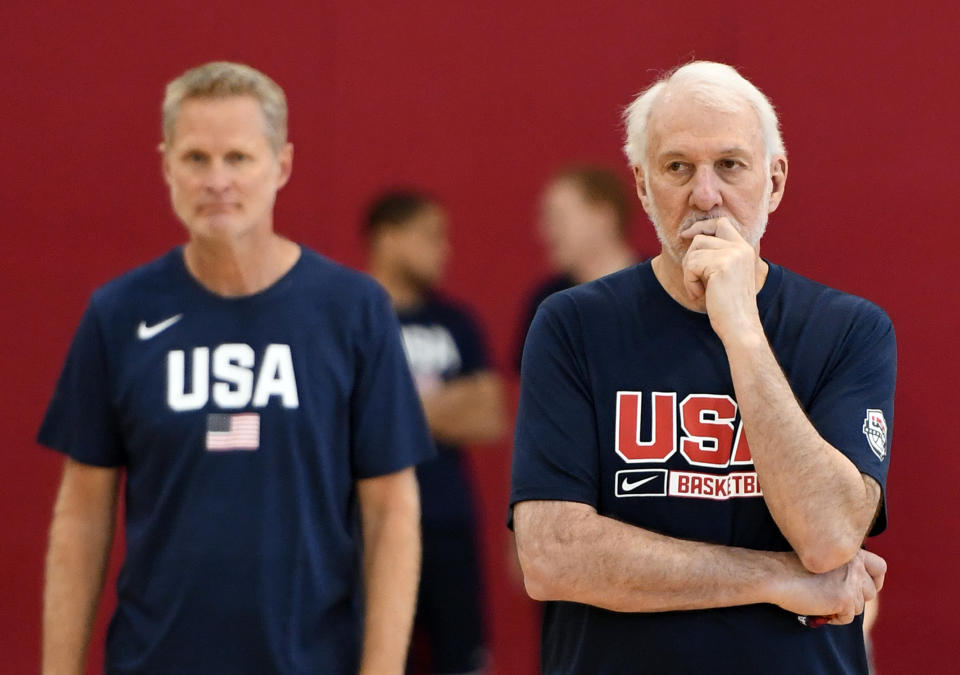 Steve Kerr and Gregg Popovich, coaches together on the U.S. men's national team, have been vocal critics of President Donald Trump. (Ethan Miller/Getty Images)