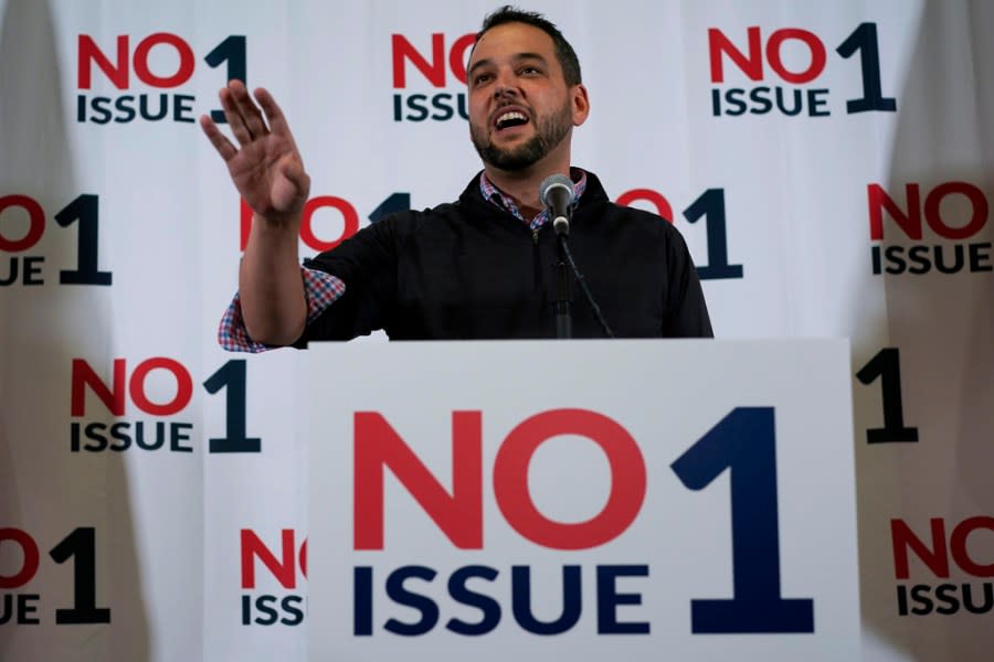 Aaron Baer President of Center for Christian Virtue speaks during a watch party for opponents of Issue 1 at the Center for Christian Virtue in Columbus, Ohio, Tuesday, Nov. 7, 2023. (AP Photo/Carolyn Kaster)