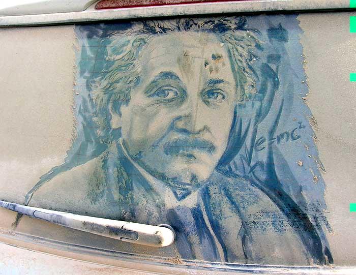 Portrait of Albert Einstein. A paw print is visible on Einstein's forehead, courtesy of the artist's pet cat. "I had walked out one morning to finish this piece, and found Squeek had beat me to it," said Scott Wade. "Now, if a cat can do it, what are you waiting for? Dirty Car Art is for everyone."