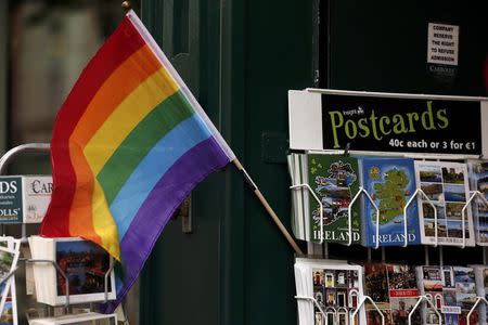 A Gay Pride flag displayed in a shop window in central Dublin in Ireland May 21, 2015. REUTERS/Cathal McNaughton