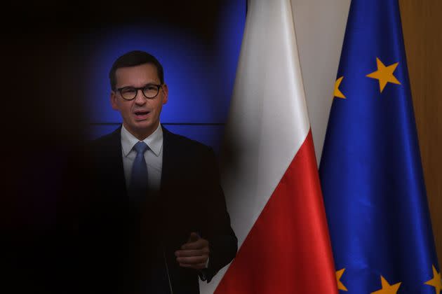 Poland's Prime Minister Mateusz Morawiecki speaks during a press conference at the end of the second day of a European Union leaders meeting in Brussels, on October 22, 2021. (Photo by JOHN THYS / AFP) (Photo by JOHN THYS/AFP via Getty Images) (Photo: JOHN THYS via Getty Images)