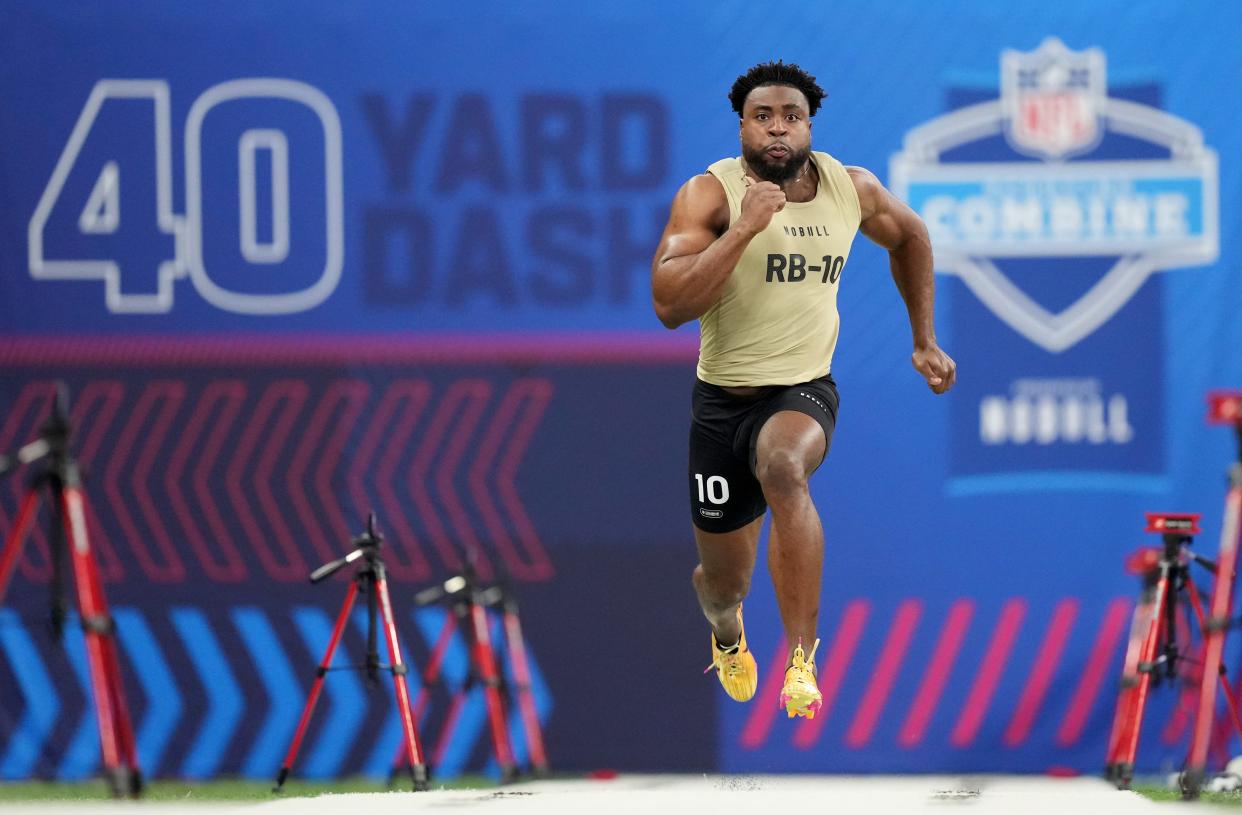 Mar 2, 2024; Indianapolis, IN, USA; Notre Dame running back Audric Estime (RB10) during the 2024 NFL Combine at Lucas Oil Stadium. Mandatory Credit: Kirby Lee-USA TODAY Sports