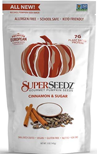 Superseedz Gourmet Roasted Pumpkin Seeds | Cinnamon & Sugar | Vegan | Paleo | Healthy Snacks | 8g Plant Based Protein | Produced In USA | Dairy Free | Nut Free | Gluten Free Snack | (6-pack, 5oz each) (Amazon / Amazon)