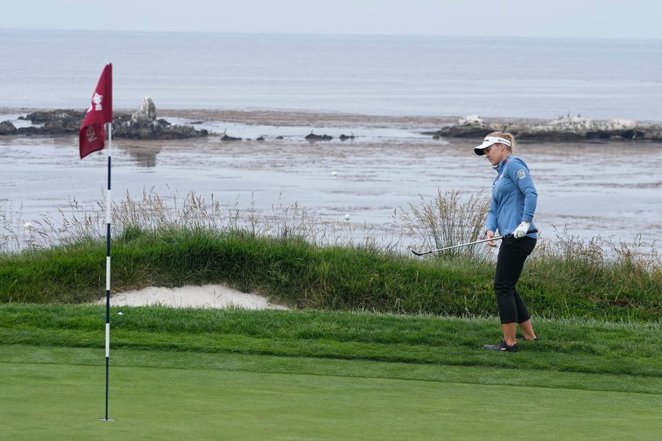 Brooke Henderson, of Canada, hits to the fourth green during a practice round for the U.S. Women's Open golf tournament at the Pebble Beach Golf Links, Tuesday, July 4, 2023, in Pebble Beach, Calif.