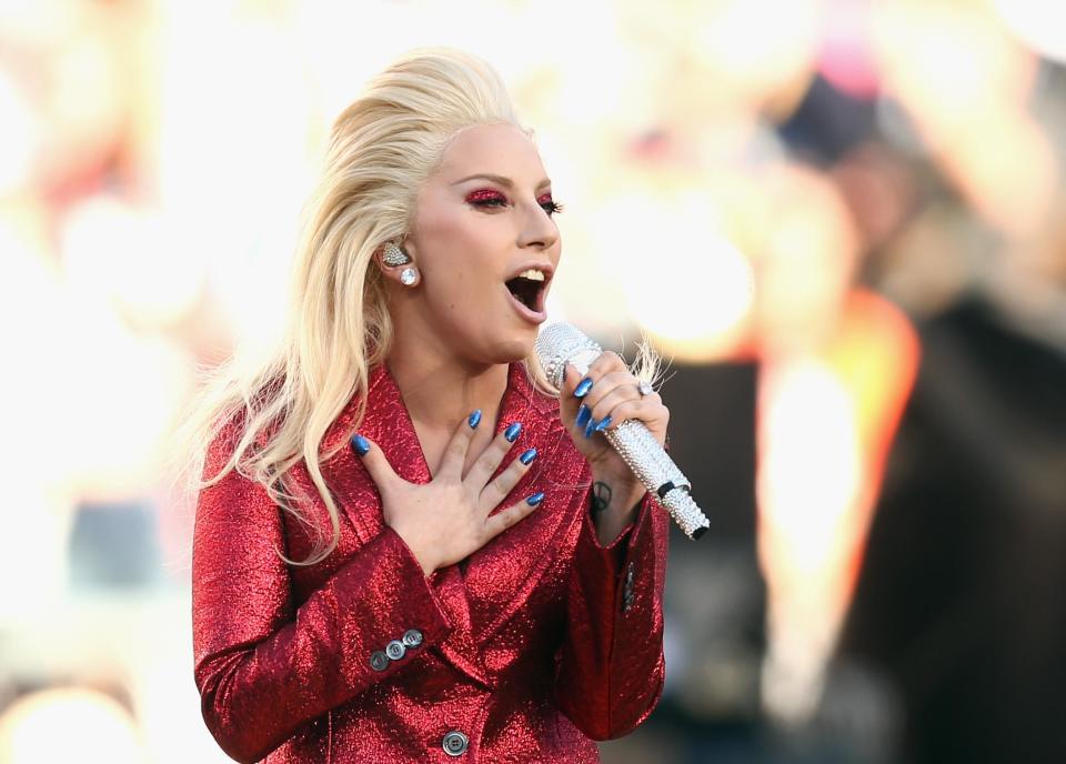  Lady Gaga sings the National Anthem at Super Bowl 50 in 2016Getty