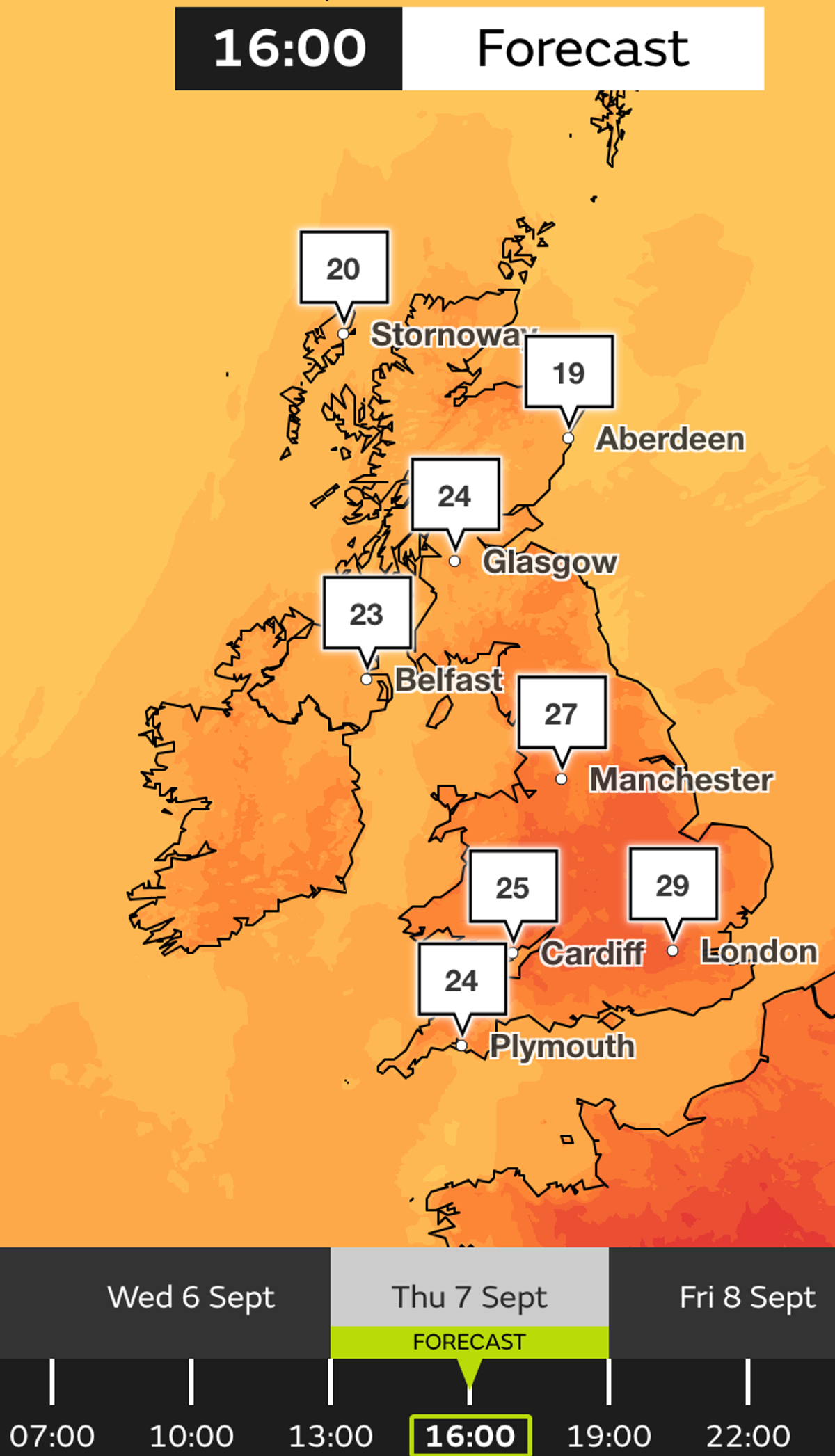 Wednesday and Thursday will see Cardiff settle at 24C and 25C respectively (Met Office/screengrab)