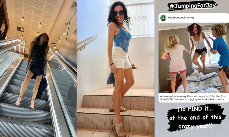 Three photos of Nicole Pedersen-McKinnon on an escalator, on steps and jumping on a bed with her kids.