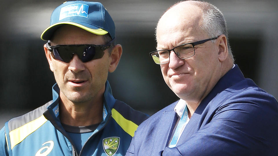 Cricket Australia chairman Earl Eddings, pictured with coach Justin Langer, has resigned on the eve of the annual general meeting. (Photo by Ryan Pierse/Getty Images)