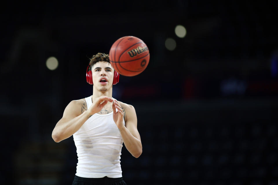 LaMelo Ball of the Hawks during warm up prior to the round 9 NBL match between the New Zealand Breakers and the Illawarra Hawks at Spark Arena