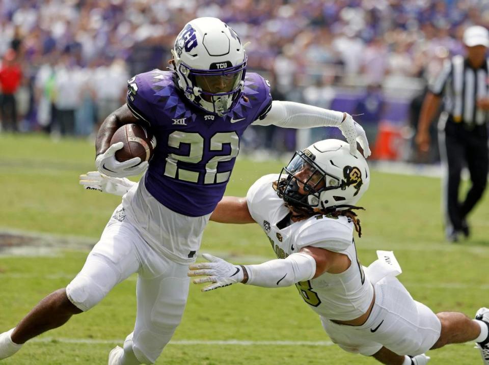 TCU running back Major Everhart sidesteps a Colorado defender in the first half of a NCAA football game at Amon G. Carter Stadium in Fort Worth,Texas, Saturday Sept. 02, 2023. Colorado led 17-14 at the half. (Special to the Star-Telegram Bob Booth)