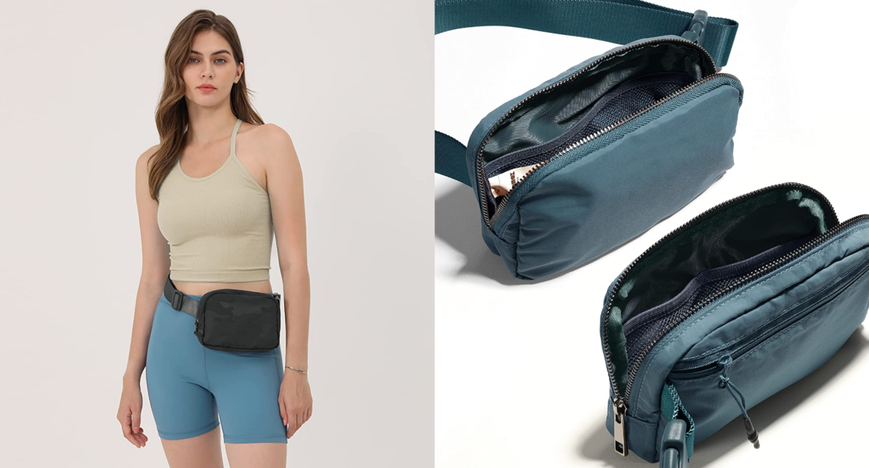 brunette model wearing tan tank top and blue shorts with black belt bag, up close shot of navy blue belt bag 