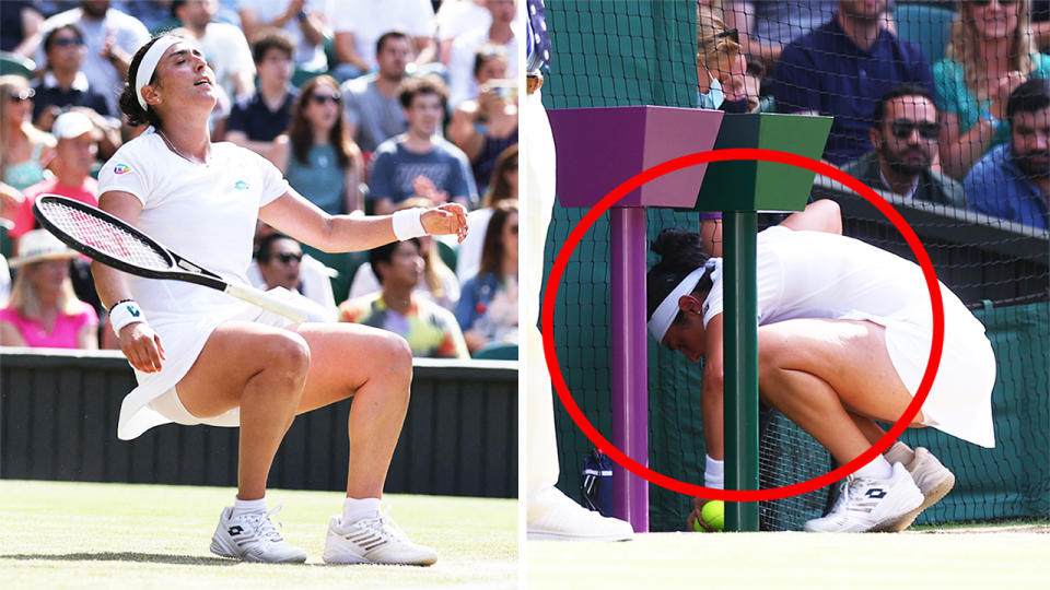 Ons Jabuer (pictured right) vomiting on Centre Court before match point and (pictured left) falling to the ground in joy after winning.