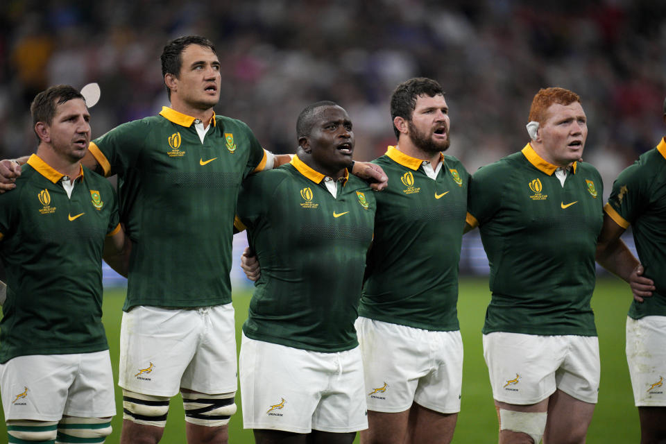 South Africa's players sing their national anthem before the Rugby World Cup Pool B match between South Africa and Tonga at the Marseille's Stade Velodrome, in Marseille, France Sunday, Oct. 1, 2023. (AP Photo/Daniel Cole)