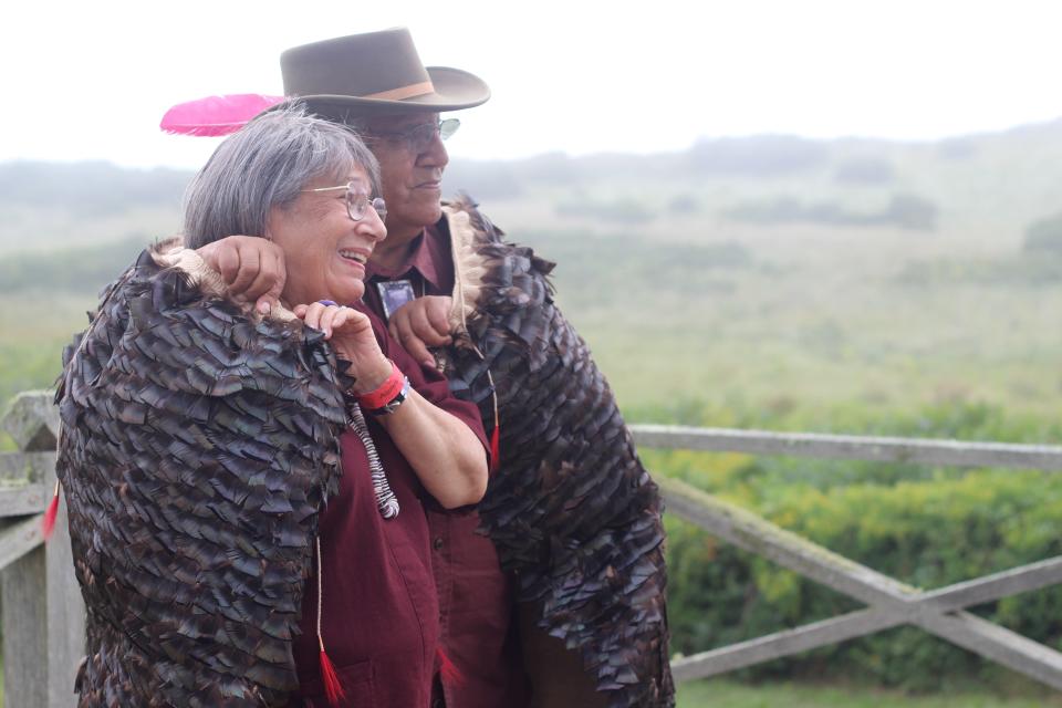 Cynthia (Vanderhoop) Akins and Douglas Vanderhoop are Wampanoag Tribe of Gay Head (Aquinnah) elders, and brother and sister. For Vanderhoop, it was a special moment Sunday, he said, to wear the twined, turkey feather mantle, created by tribal member Julia Marden. It took about a year for Marden to twine the cape-like garment, which she revealed during the Aquinnah Wampanoag Powwow.