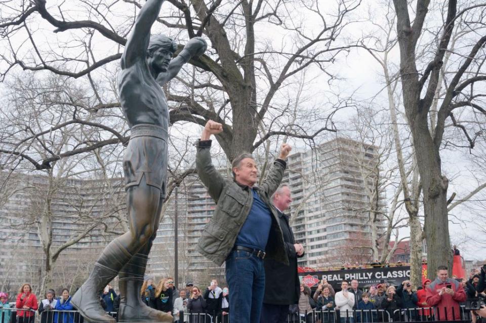 sylvester stallone visits rocky statue in philadelphia