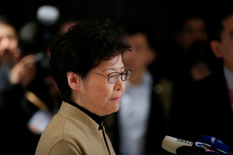 Hong Kong's Chief Executive Carrie Lam attends a news conference ahead of a Hong Kong Chamber of Commerce dinner in Shanghai