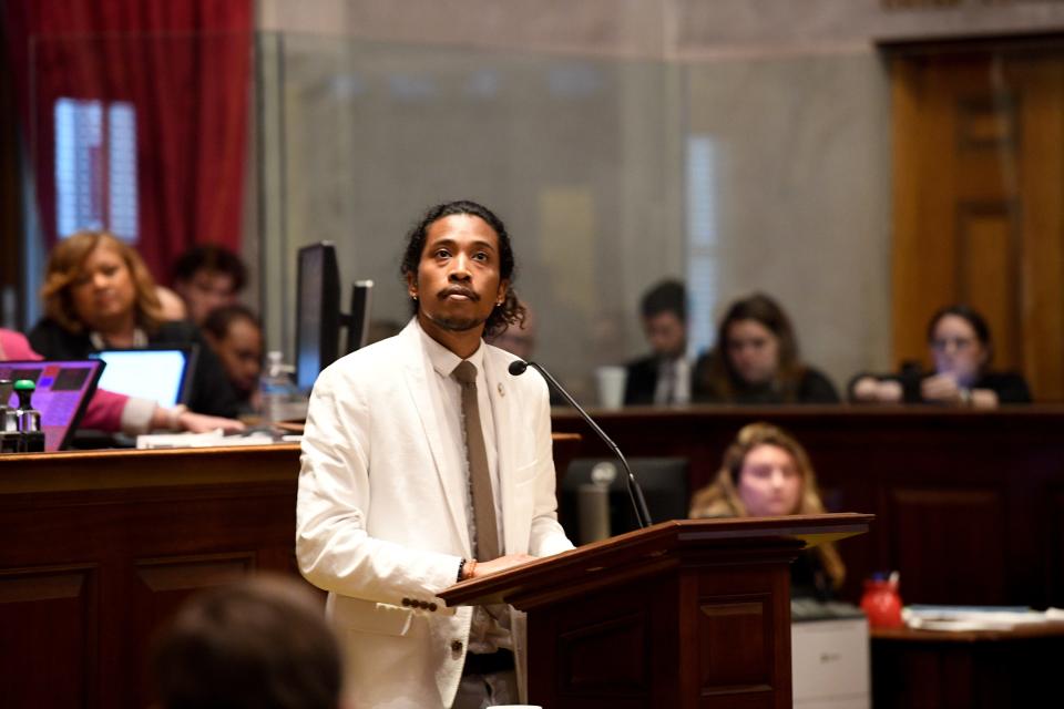 Rep. Justin Jones, D-Nashville, speaks ahead of a vote to expel him from the House of Representatives at the Tennessee state Capitol in Nashville, Tenn., on Thursday, April 6, 2023.