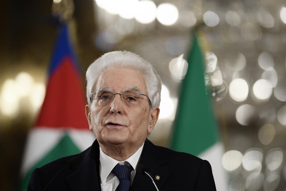 Italian President Sergio Mattarella addresses the media following a meeting with the speaker of the Italian lower house of parliament Roberto Fico, who was mediating to find an agreement for a new government at the Quirinale presidential palace, in Rome, Tuesday, Feb. 2, 2021. (Filippo Monteforte/Pool photo via AP)