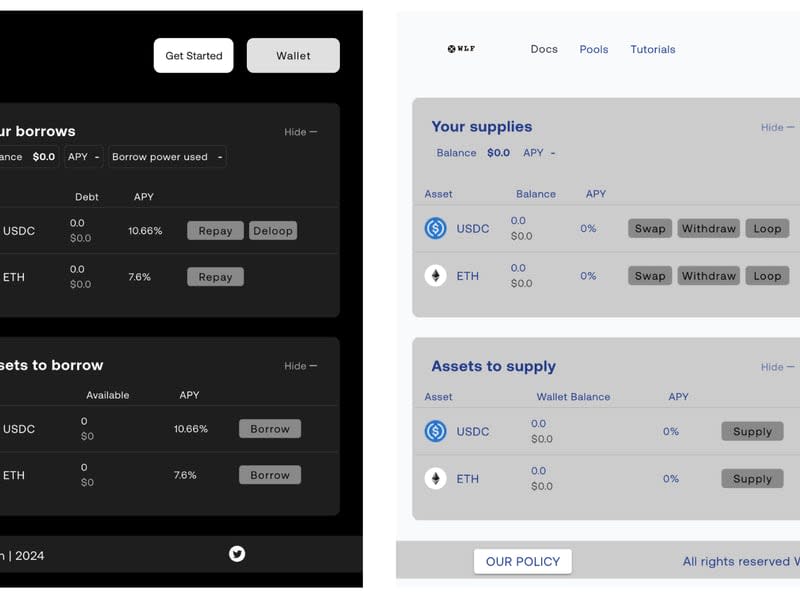 The user interface for Dough Finance, left, and World Liberty Financial's interface from now-deleted code (GitHub)