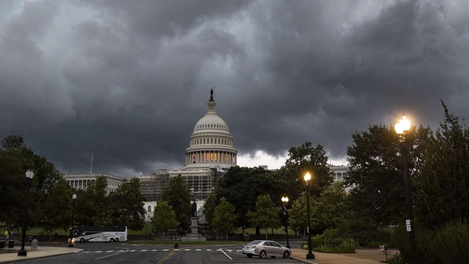 PHOTO: A summer derecho blows past the Capitol in Washington, DC, Aug. 7, 2023. For the first time in more than 10 years, the National Weather Service issued a rare 'Level 4' risk for severe storms across the DC region. (Jim Lo Scalzo/EPA-EFE/Shutterstock)
