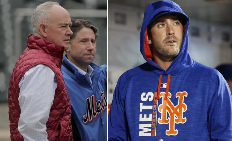 New York Mets general manager Sandy Alderson (left) and pitcher Matt Harvey (right) are still not on great terms. (AP photos)