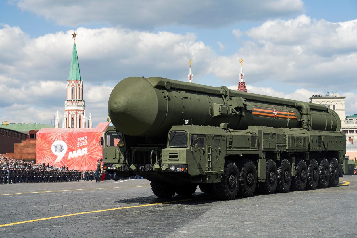 Russian RS-24 Yars ballistic missiles in Red Square parade (AP)