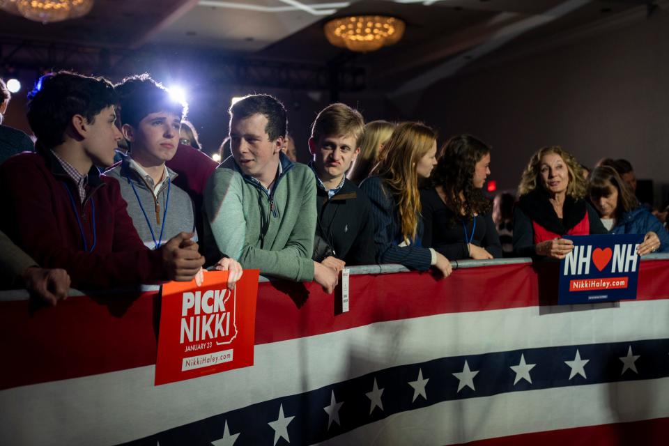 Supporters watch as New Hampshire presidential primary votes are counted, during Republican presidential candidate Nikki HaleyÕs watch party at the Grappone Conference Center in Concord, NH, on Tuesday, January 23, 2024.