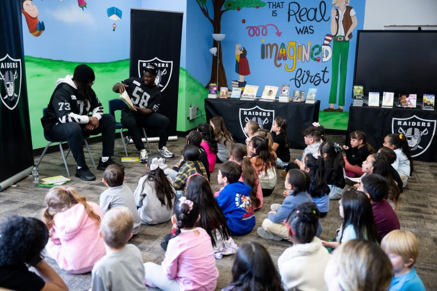 The Las Vegas Raiders visit students for Nevada Reading Week in effort to spread the love of reading at Addeliar D. Guy III Elementary School, Thursday, March 7, 2024, in Las Vegas, Nev. (Credit: Raiders)