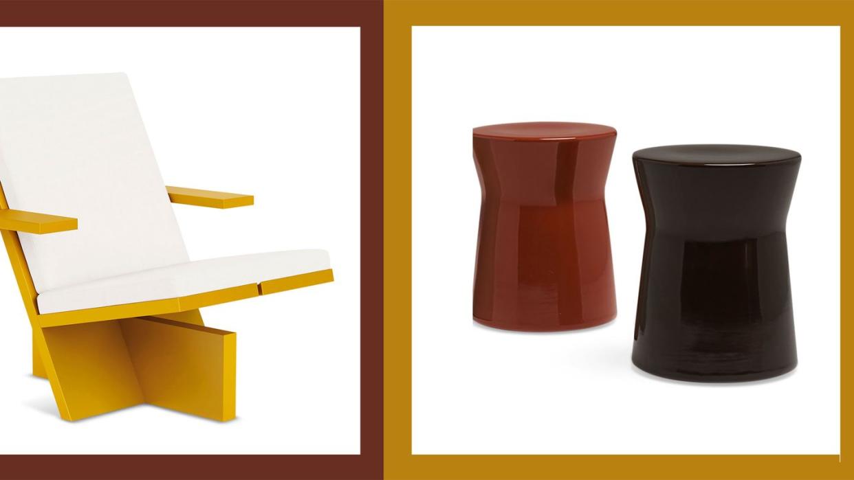 on the left a geometric outdoor chair with honey colored wood and w hite seat and back and on the right two stubby tables one in red and the other in black