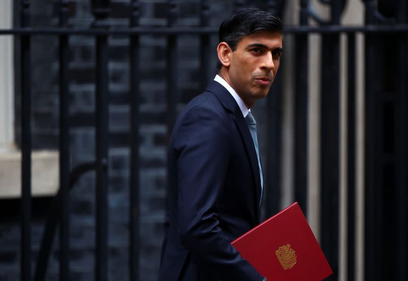 Britain's Chancellor of the Exchequer Rishi Sunak leaves Downing Street, in London