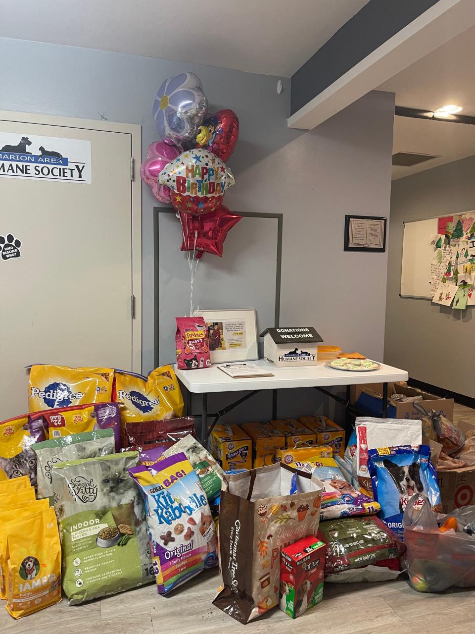 A room full of physical donations was received by the Marion Area Humane Society for its Betty White Challenge birthday event.