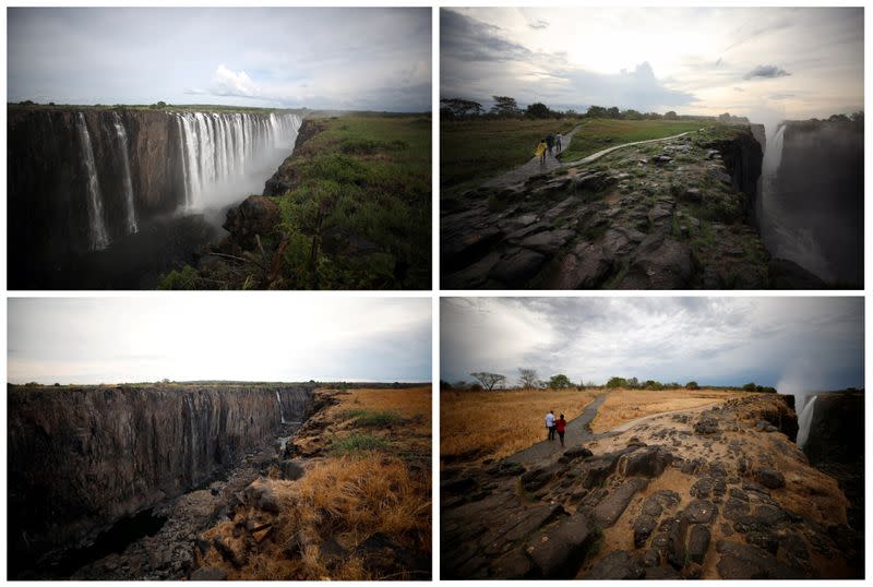 Combination picture of water flowing and low-water levels after prolonged drought at Victoria Falls