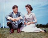 <p>Let's go for the hat-trick here: When you're engaged to a woman like Jacqueline Bouvier you wear whatever the hell you want, wherever the hell you want (especially if that includes a slate blue suit as killer as this one). </p>