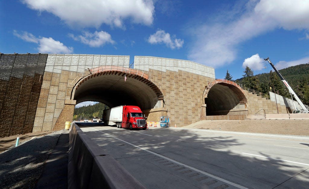 Eastbound Interstate 90 traffic passes beneath a wildlife bridge under construction on Snoqualmie Pass, Wash., on Oct. 4, 2018. New Mexico will build its first wildlife highway overpasses for free-roaming cougars, black bears, bighorn sheep and other creatures large and small and will also set aside $100 million for conservation projects, under two bills signed Thursday, March 23, 2023. by Gov. Michelle Lujan Grisham. (AP Photo/Elaine Thompson)