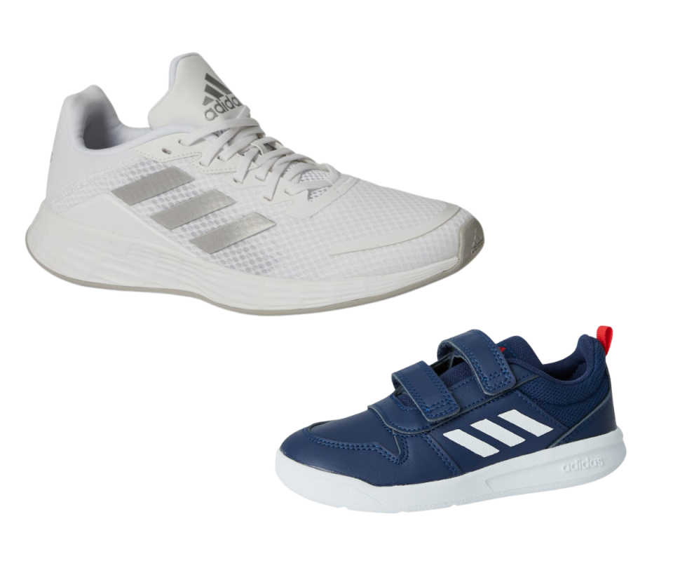 A side profile of a white women's running shoe on the top left with a navy velcro boy's running shoe on the bottom right against a white background.