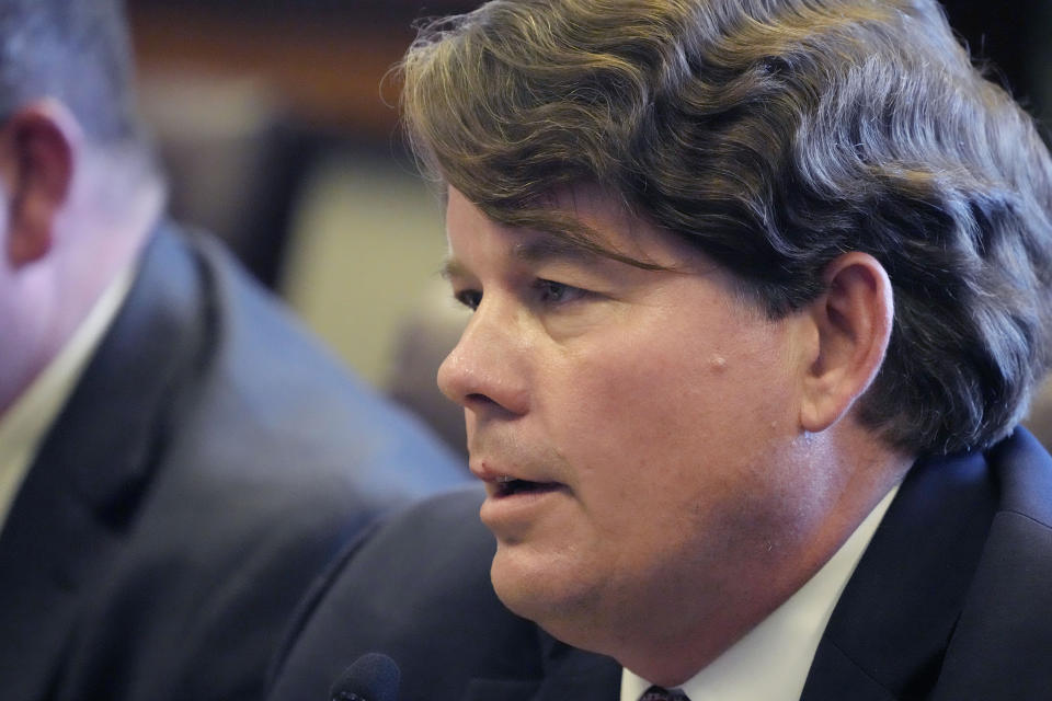 Mississippi House Medicaid Committee member Rep. Joey Hood, R-Ackerman, asks a question of the state Senate Medicaid Committee conferees regarding their estimated cost of Medicaid expansion at a public legislative conference committee meeting at the State Capitol, Tuesday, April 23, 2024, in Jackson, Miss. (AP Photo/Rogelio V. Solis)