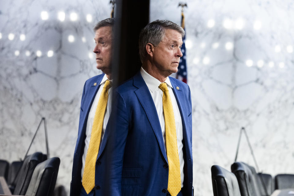 UNITED STATES - SEPTEMBER 14: Sen. Roger Marshall, R-Kan., arrives for the Senate Health, Education, Labor and Pensions Committee hearing titled Stopping the Spread of Monkeypox: Examining the Federal Response, in Hart Building on Wednesday, September 14, 2022. (Tom Williams/CQ-Roll Call, Inc via Getty Images)