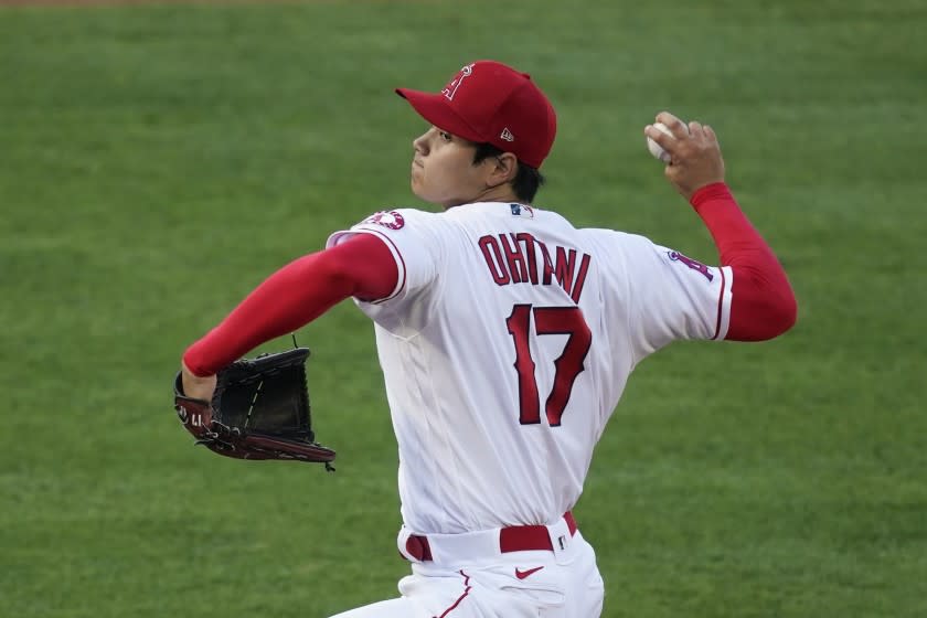 Los Angeles Angels starting pitcher Shohei Ohtani (17) throws during a baseball game.