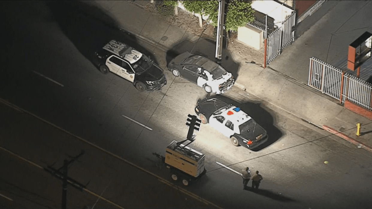 Police at the scene in Gardena, Calif., where a man was shot and killed June 18, 2020, by a Los Angeles County Sheriff's Department deputy. (KNBC)