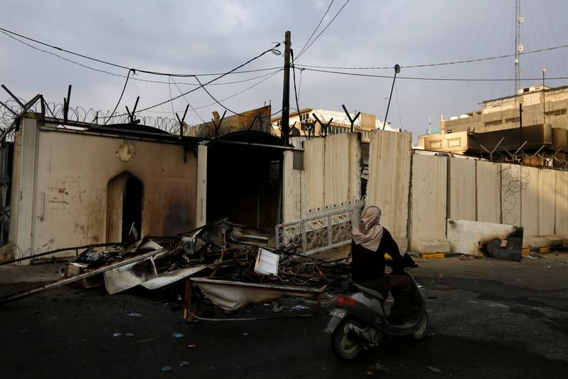 A view of the Iranian consulate after Iraqi demonstrators stormed and set fire to the building during ongoing anti-government protests in Najaf
