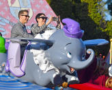 <p>The <em>Once Upon a Time</em> alums have had a fairy-tale romance on- and offscreen, so it’s no surprise that they love Disneyland. The couple couldn’t resist taking a selfie while on the Dumbo ride. “We’ve gone to [Disneyland] probably a bit more than is healthy,” Goodwin has said. (Photo: Splash News) </p>