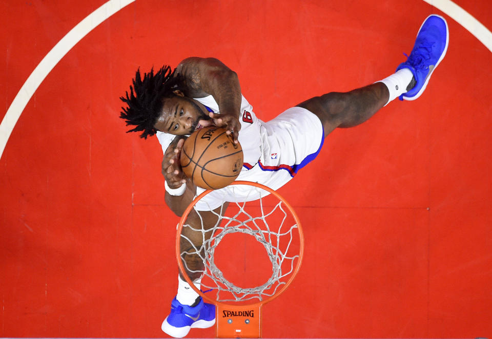Los Angeles Clippers center DeAndre Jordan, shoots during the first half of an NBA basketball game against the Charlotte Hornets, Sunday, Feb. 26, 2017, in Los Angeles. (AP Photo/Mark J. Terrill)