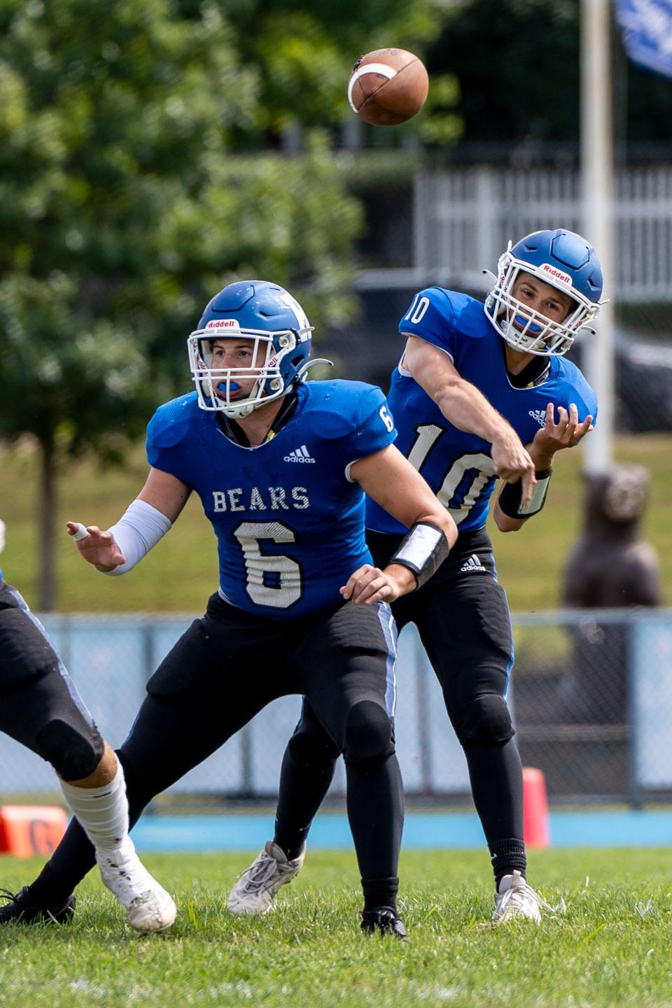 (From left) H #6 Logan Sakir and H #10 Tyler Menne. Hawthorne Football hosts Pompton Lakes on Friday, September 15, 2023.